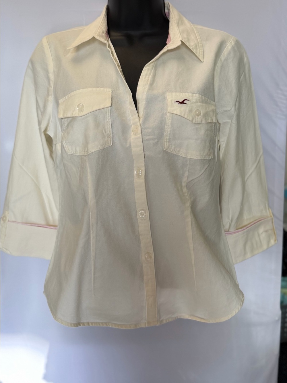 Hollister Cream Button-Up Blouse with Chest Pockets